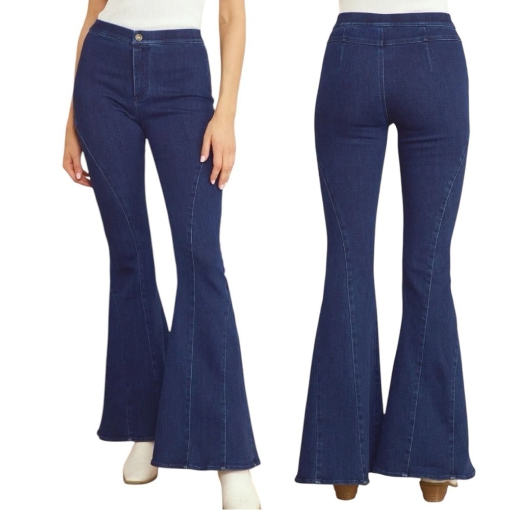 ENTRO High Waisted Retro Extreme Wide Flare Leg Denim Stretch Jeans Size Small